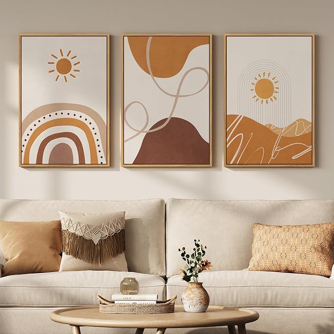 Framed Neutral Abstract Boho Wall Art Bedroom, 3 Piece Terracotta Beige by Cuspin