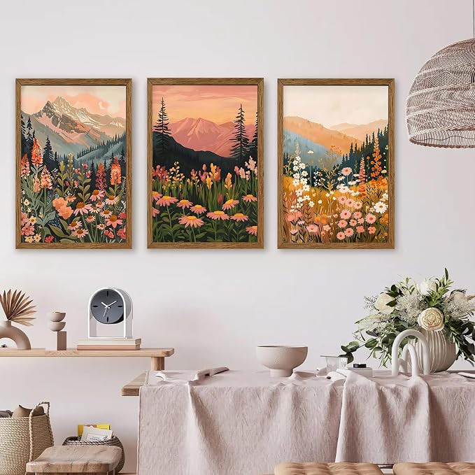WRFON Botanical and Flower Canvas Wall Art, Framed Mountain Landscape Wall Art - Image 3