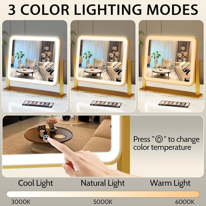 ROLOVE Gold Lighted Makeup Mirror, 3-Color Dimmable Lighting, 360° Rotation - Image 4
