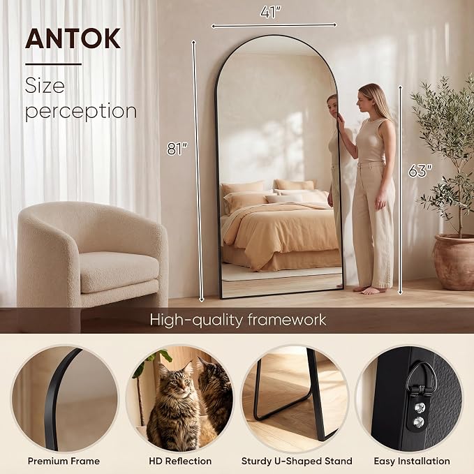 Antok 81" x41” Arched Full Length Floor Mirror, Free Standing/Wall Mount/Leaning - Image 3