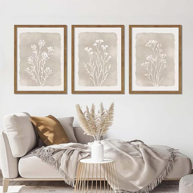 Framed Boho Botanical Flower Wall Art Set of 3, Vintage Minimalist Neutral - Image 5