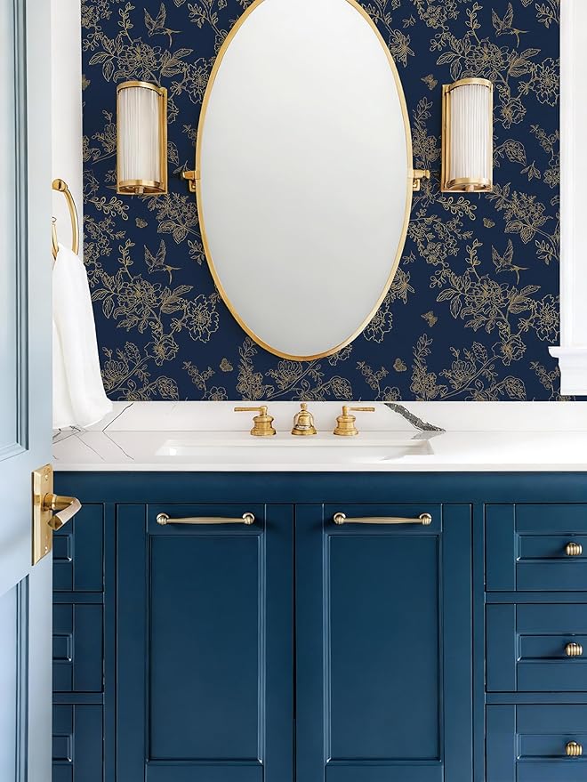 Froluya Dark Blue and Gold Vintage Floral Peel and Stick Wallpaper 17.7"x196.8" - Image 5