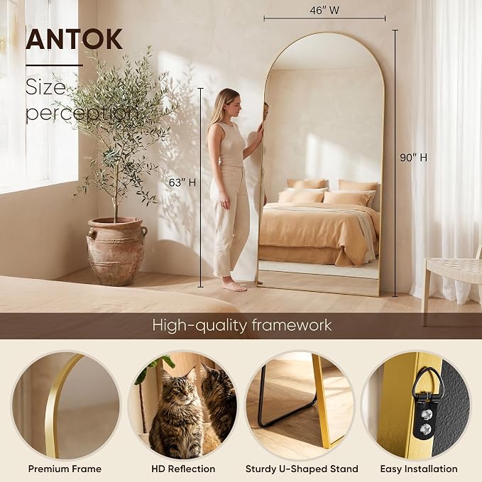 Antok 91" x46” Arched Full Length Floor Mirror, Free Standing/Wall Mount/Leaning - Image 4