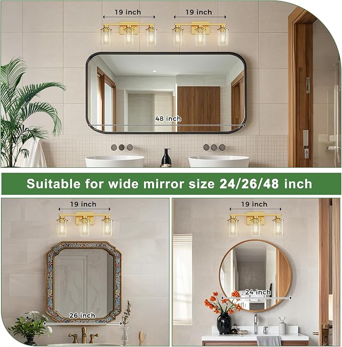 DORESshop 20 Inch Bathroom Light Fixtures, 3-Light Gold Bathroom Lighting - Image 2