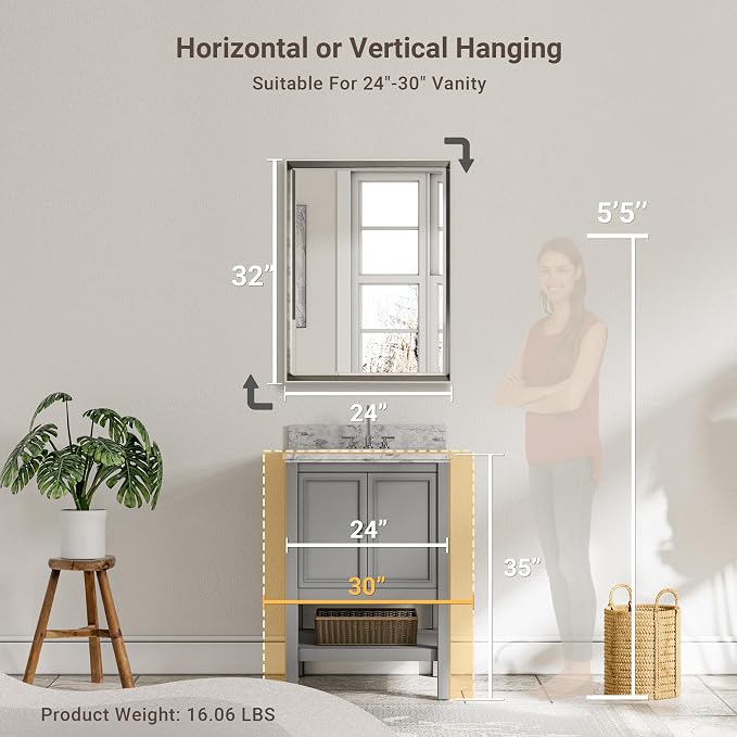 Brushed Nickel Bathroom Mirror, 24x32 Inch Beveled Framed Bathroom Mirror - Image 2