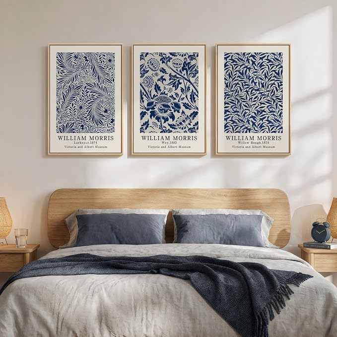 Framed William Morris Wall Art Set of 3, Large Vintage Blue Botanical Floral - Image 2