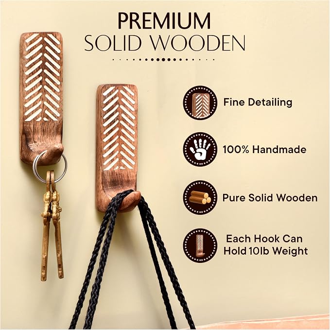 IndianShelf 10 LB- 3 Pieces Decorative Wood Adhesive Wall Hooks–Boho Peel and - Image 5