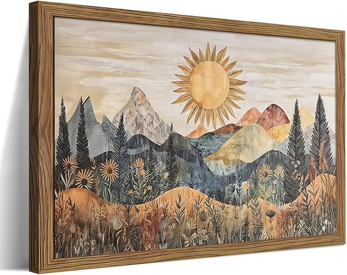 Framed Boho Sun Canvas Wall Art, Modern Abstract Mountain Landscape Painting by Unknown