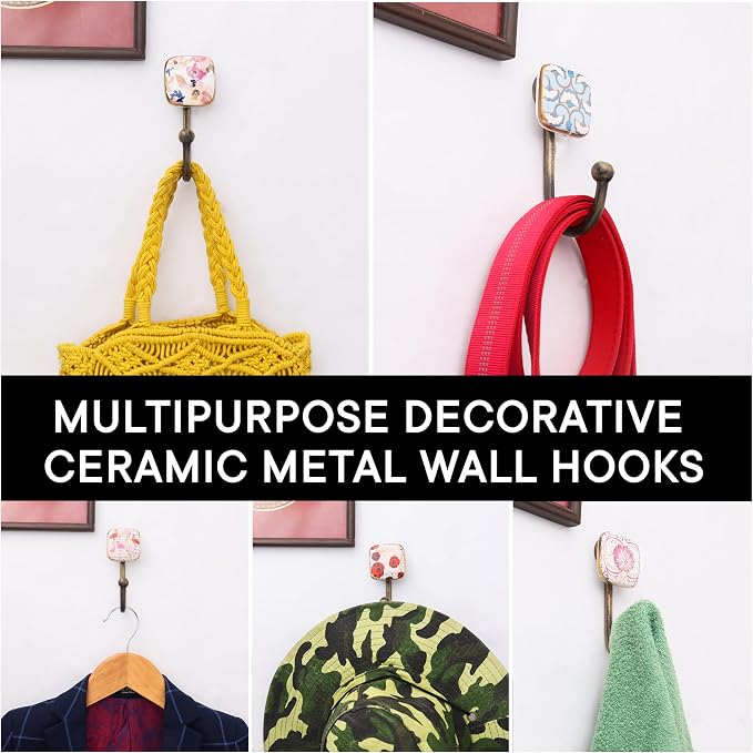 Indian Shelf Pack of 6 Multicolor Square Ceramic Kids Room Wall Hooks - Image 4