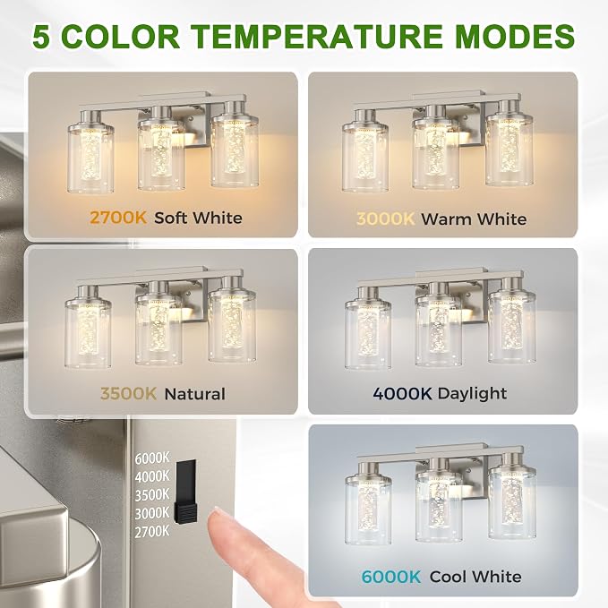 DORESshop 3-Light Brushed Nickel Bathroom Light Fixtures, Crystal LED Bathroom - Image 2