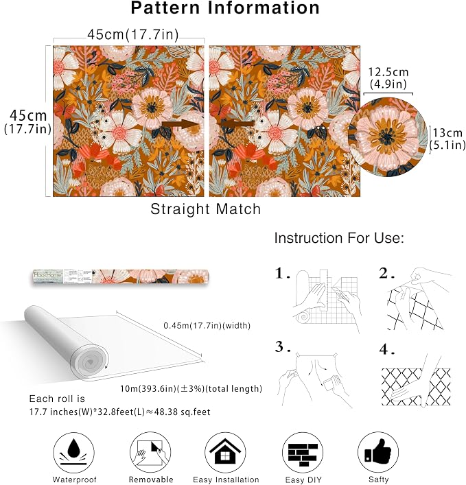 HAOKHOME Boho Peel and Stick Wallpaper Floral Wall Paper Removable - Image 7