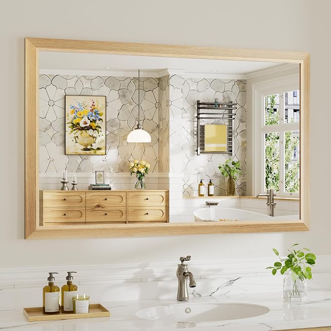 48x30 Inch Bathroom Mirror for Wall, Anti-Rust Oak Wood Grain Metal Framed by Briivuemodernmirrors