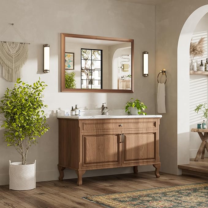 48x32 Inch Bathroom Mirror for Wall, Anti-Rust Walnut Wood Grain Metal Framed - Image 3