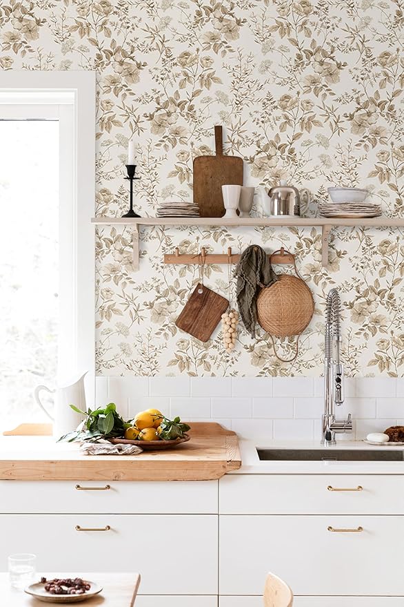 Erfoni 16.9" x394" Beige Floral Peel and Stick Wallpaper Boho Floral Leaf - Image 3