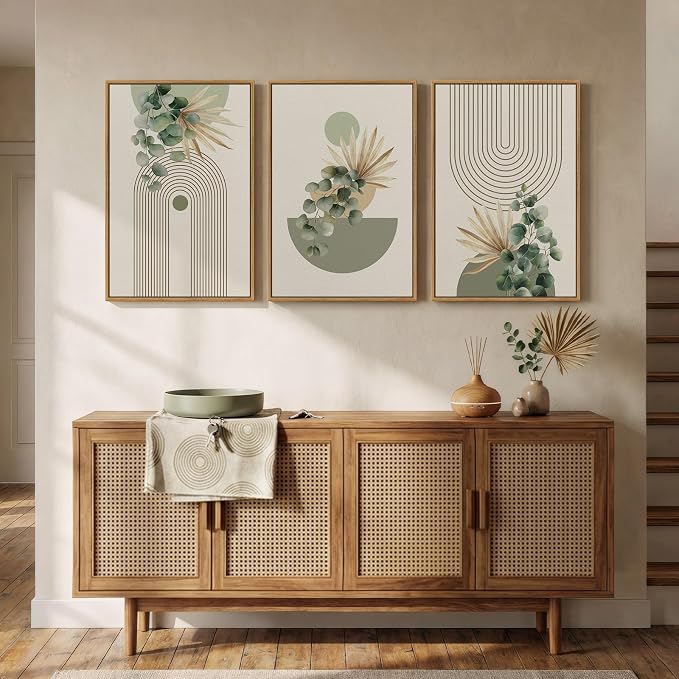 Framed Green Boho Wall Art for Living Room, 3 Piece Bohemian Botanical Canvas - Image 4