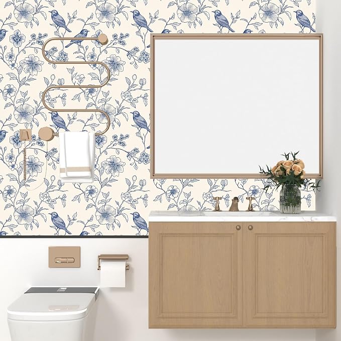 Beige Wallpaper Peel and Stick Blue Floral Bird Vintage Contact Paper 17.5" x - Image 8