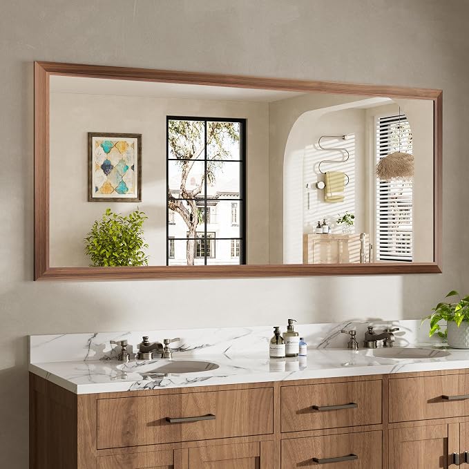 72x32 Inch Bathroom Mirror for Wall, Anti-Rust Walnut Wood Grain Metal Framed by Briivuemodernmirrors