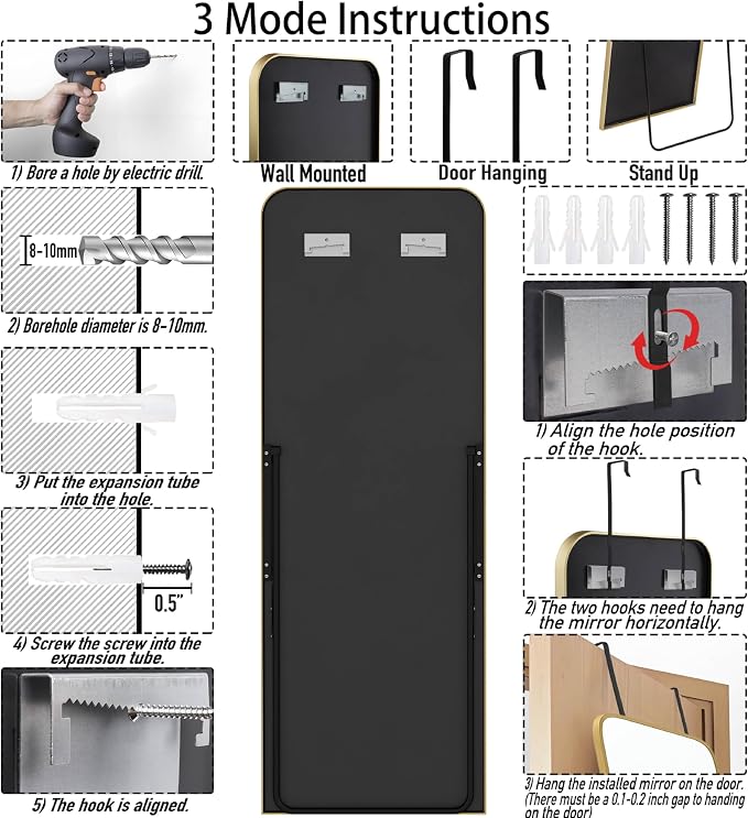 SCWF-GZ 57x20 Door Hanging Full Length Mirror, Floor or Wall Mounted Metal - Image 7