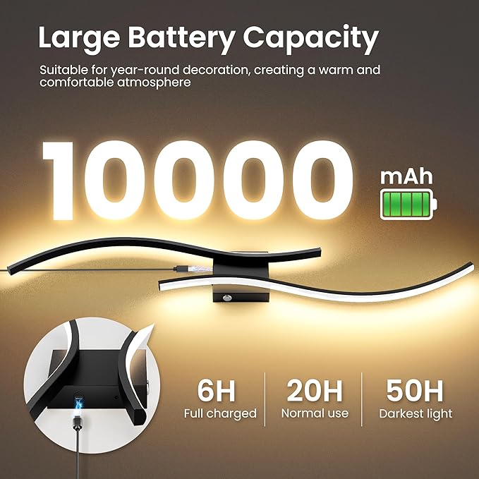 Battery Operated Wall Sconces Set of Two, 10000mAh Rechargeable Modern Wall - Image 2