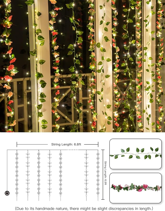 suddus 300 LED Artificial Flower Garland Pothos Vines Curtain Lights, Rose - Image 4