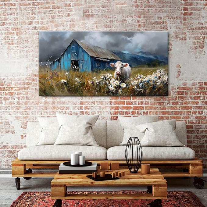 Rustic Farmhouse Wall Art Cow and Blue Barn Canvas Pictures Country Landscape - Image 2