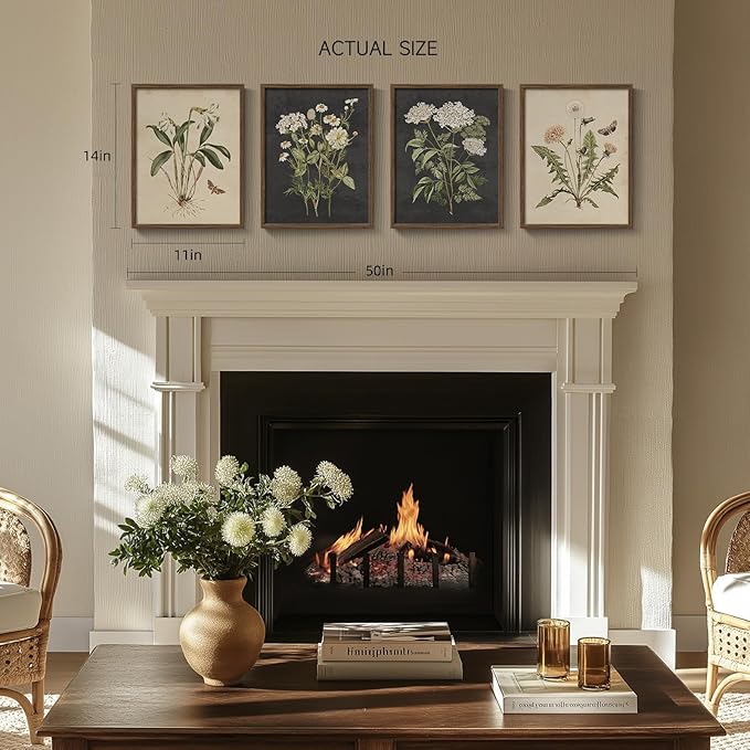 Framed Vintage Botanical Wall Art Bedroom, 4 Piece Rustic Farmhouse Floral - Image 2
