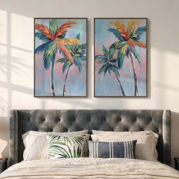 Framed Colorful Coastal Palm Tree Wall Art Bedroom, Large Pop Art Coastal by Cuspin