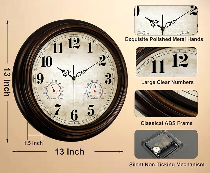 Vintage Wall Clock 13 Inch Quartz Silent Non-Ticking Analog Clock - Image 3
