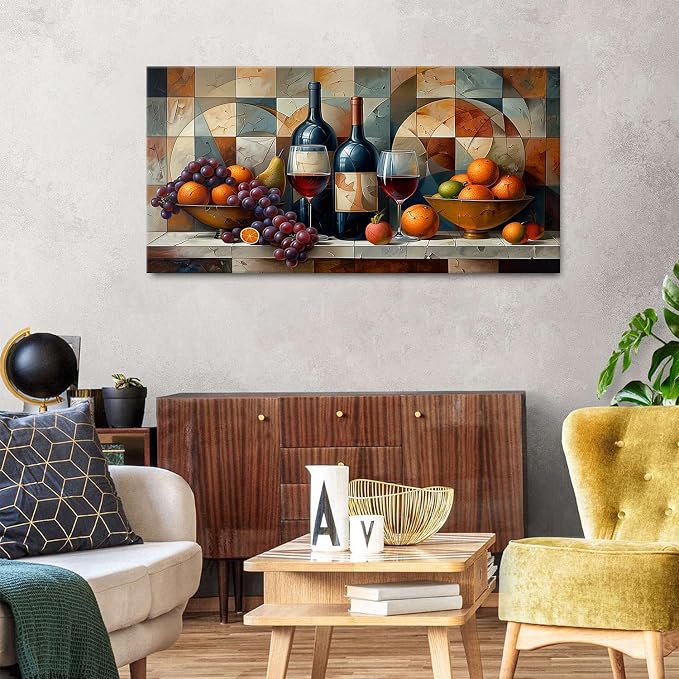 AIYISU Abstract Kitchen Wall Art Geometric Wall Decor Red Wine Glass Fruits - Image 3