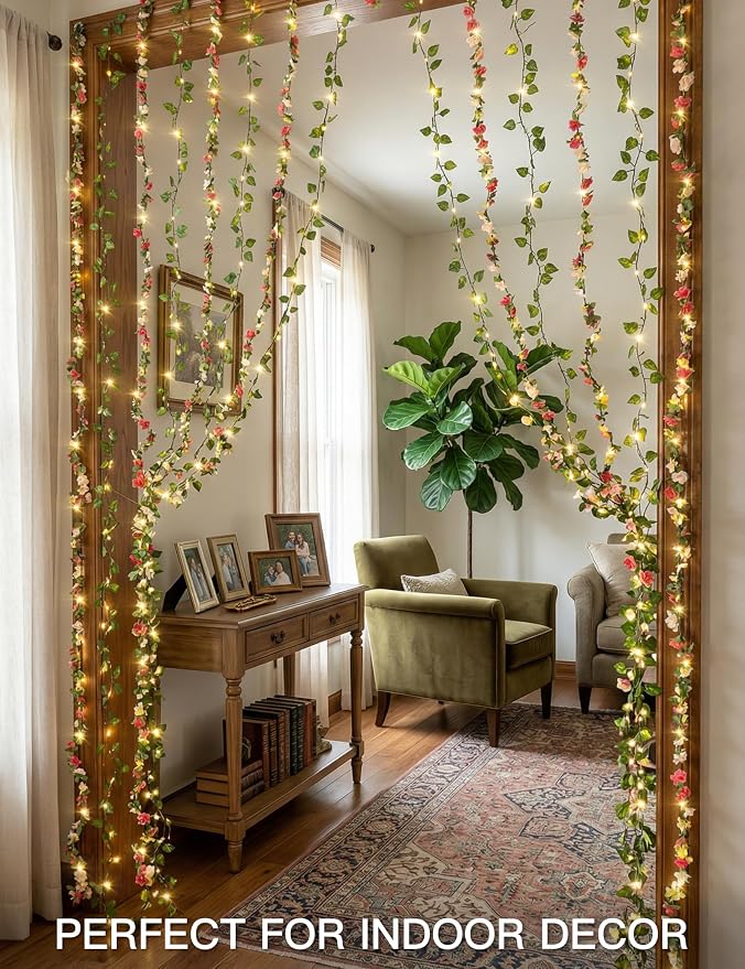 suddus 300 LED Artificial Flower Garland Pothos Vines Curtain Lights, Rose - Image 5