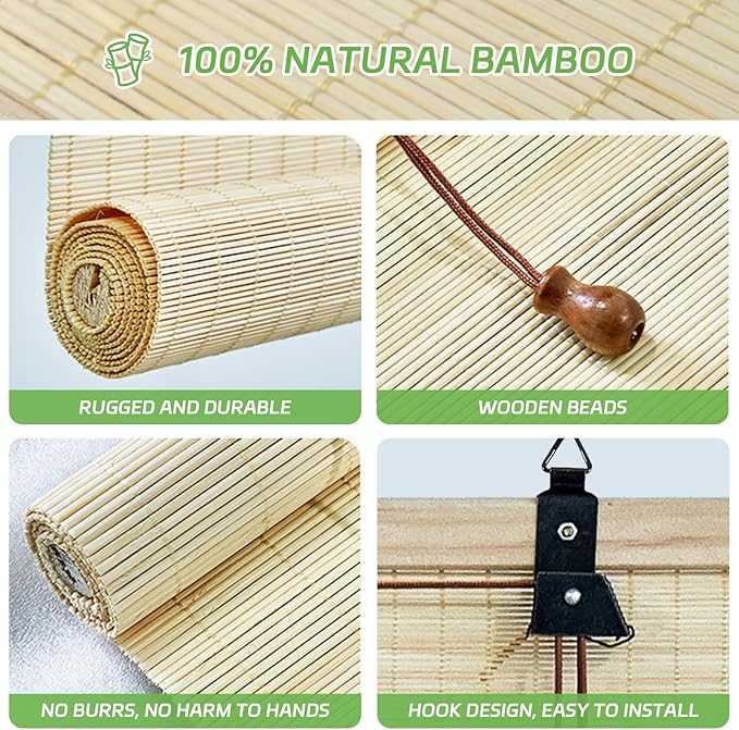 Bamboo Roll Up Shades for Windows 32Wx72L, Light Filtering Hanging Window Blinds - Image 3