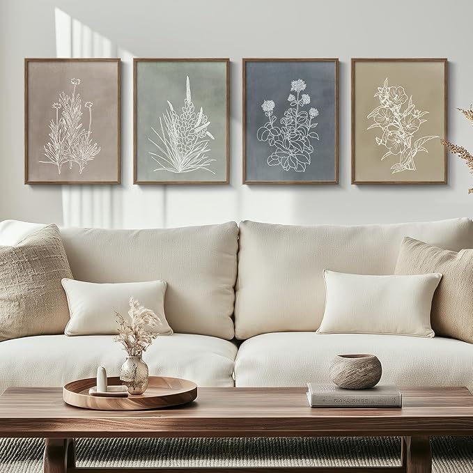 Framed Boho Botanical Wall Art for Living Room, 4 Piece Rustic Floral Canvas by Cuspin