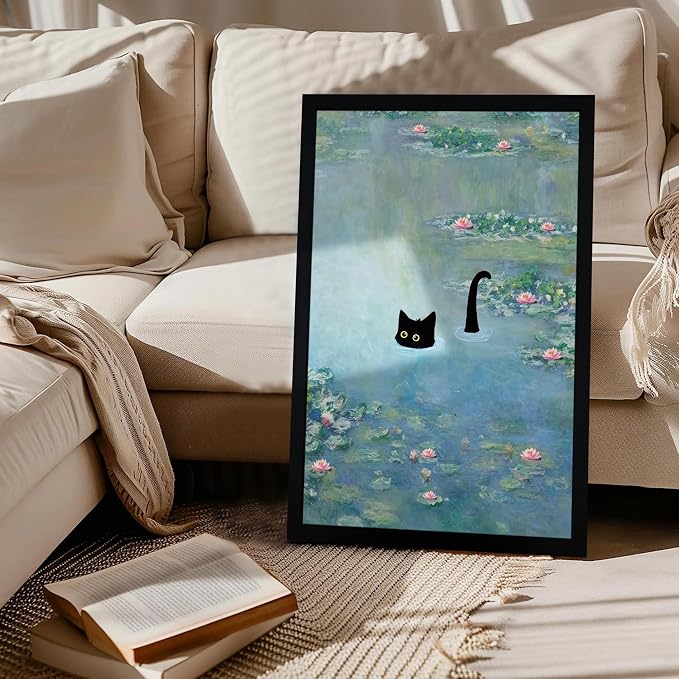 Fantasy Artists Monet Water Lilies Cat Wall Art, Framed Vintage Canvas Art Wall - Image 4