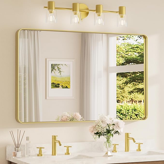 TETOTE 48 x 30 Inch Bathroom Mirror, Brushed Gold Metal Framed Wall Mounted by TETOTE
