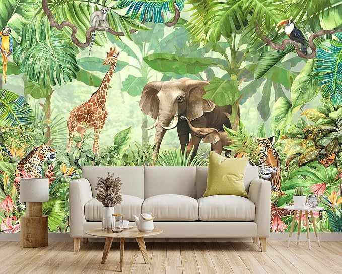 -Green Rainforest Plants Animals Tiger Cloth Wallpaper Jungle Plants Banana - Image 2