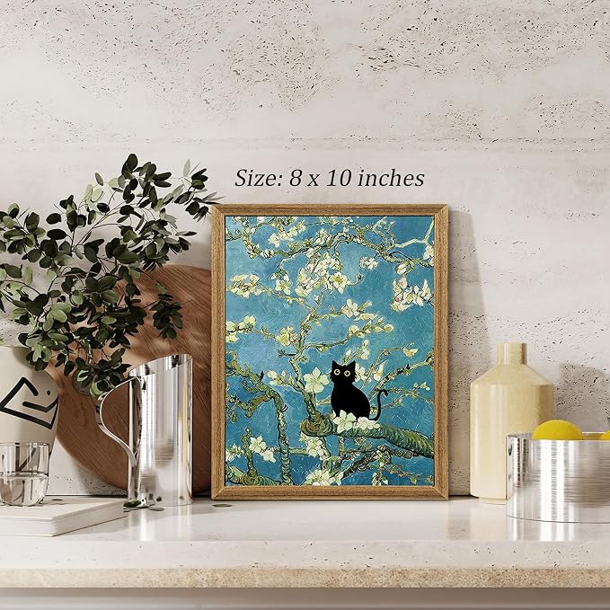 Fantasy Artists Van Gogh's Almond Blossom Funny Black Cat Canvas Wall Art - Image 4