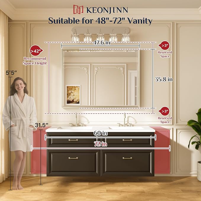 Keonjinn 48" x 36" Large Black Bathroom Mirror, Aluminum Alloy Frame Rustproof - Image 2