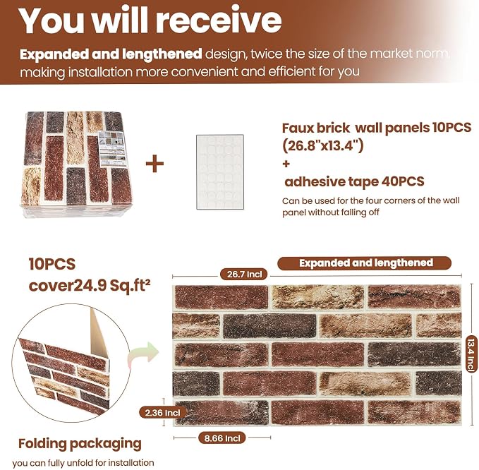 3D Wall Panels Brick Peel and Stick 26.7"x13.4"-10 PCS - Image 3
