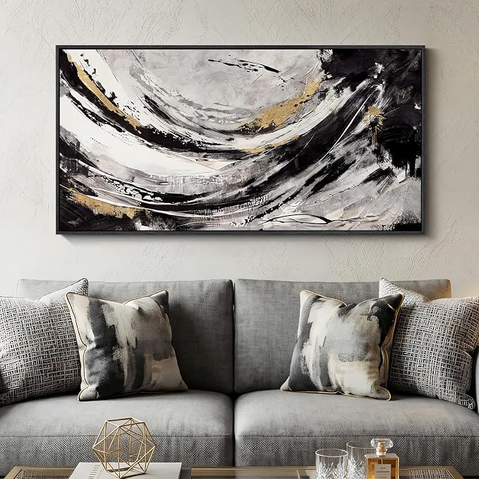 Large Framed Abstract Wall Art for Living Room, Horizontal Black Gold and White by Cuspin