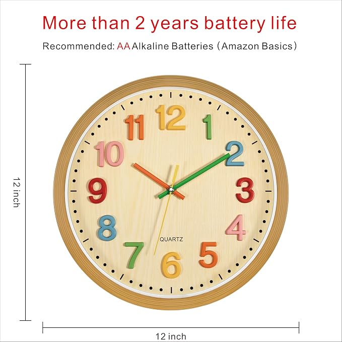 Foxtop Silent Kids Wall Clock Non-Ticking Battery Operated Colorful Childrens - Image 2