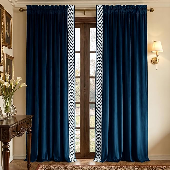 NICETOWN Rod Pocket Embroidered Trim Velvet Curtains, 2 Panels, Elegant Window - Image 8
