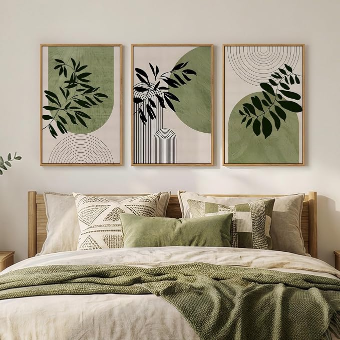 Framed Boho Botanical Wall Art for Living Room, 3 Piece Modern Green Bohemian - Image 4