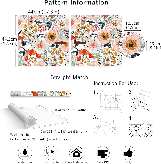 HAOKHOME Boho Peel and Stick Wallpaper Floral Wall Paper Removable - Image 7