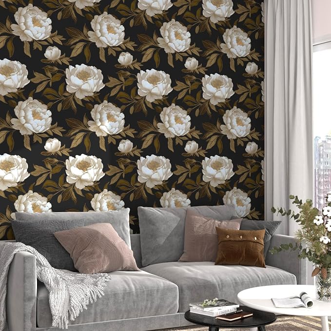 Laatse Peony Floral Wallpaper Peel and Stick Gold Leaf Contact Paper Modern - Image 4