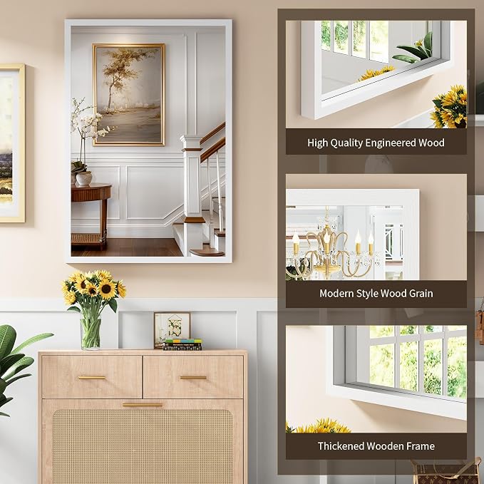 Syndra White Wood Frame Bathroom Mirror, Waterproof Slim Deep Frame, - Image 3