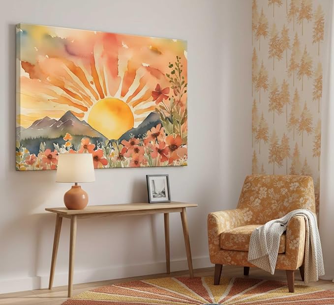 Boho Sun Canvas Wall art Mid-Century Modern Abstract Bohemian Sunset in The - Image 4