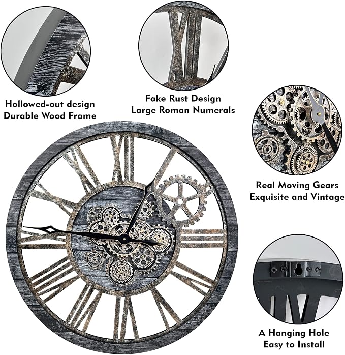 The B-Style Large Real Moving Gears Wall Clock 30 inch Rustic Retro Industrial - Image 4