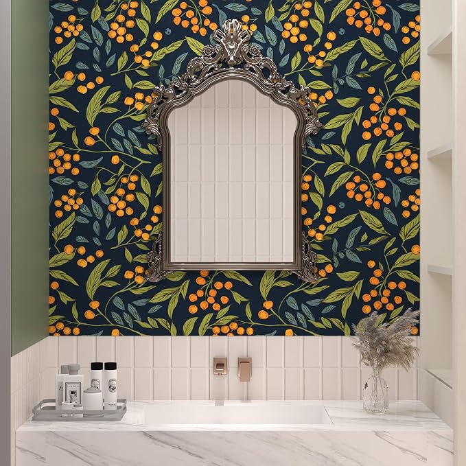 BOKEBEVE Extra Long Blue Orange Wallpaper Peel and Stick Boho Floral Contact - Image 5
