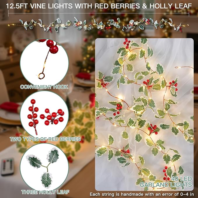 suddus 40 LED Christmas Fairy Lights Battery Powered, 12.5ft Vine String Lights - Image 3