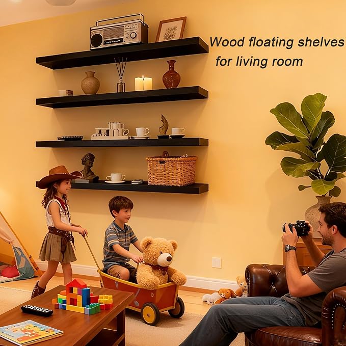 ROGMARS Black Floating Shelves for Wall 36 inch, Rustic Solid Wood Farmhouse - Image 2